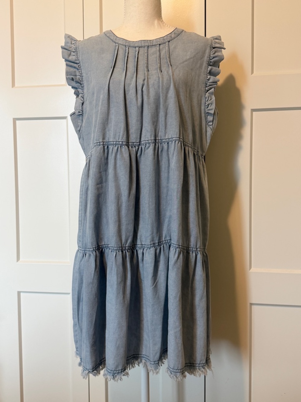 Light Blue Flowy Midi Dress with Ruffle Sleeves Cotton Blend Size L